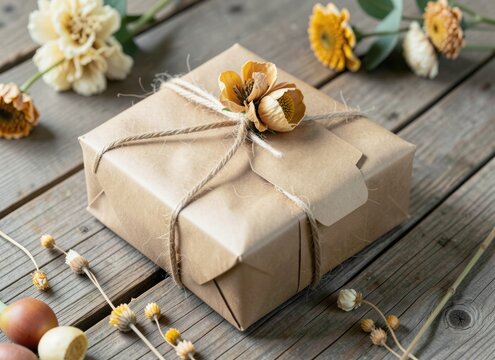 Handmade paper gift wrap with twine and dried flower, plastic free gift giving