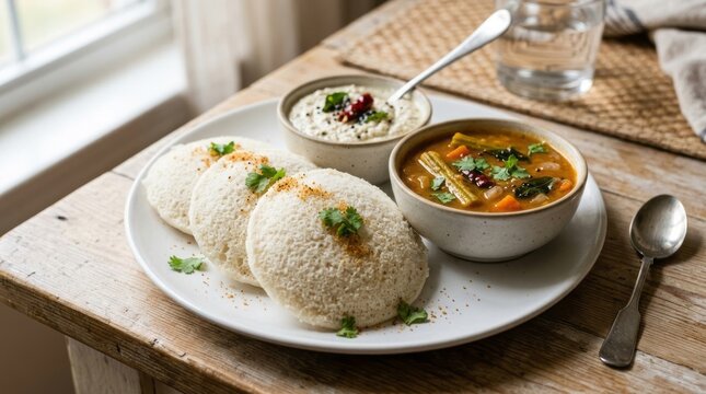 Delicious South Indian idli served with sambar and chutney on a rustic wooden table, a healthy breakfast.