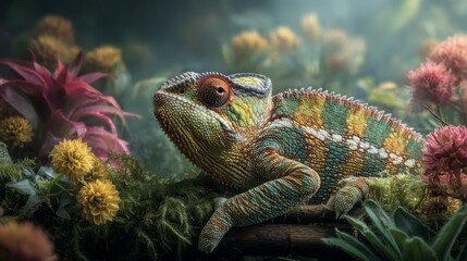 Colorful Chameleon Resting on Thick Vine Surrounded by Vibrant Flowers