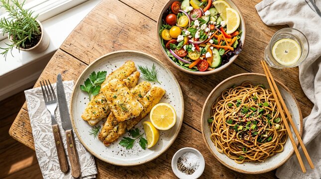 Freshly prepared healthy meal with fish, salad, and noodles on a rustic wooden table