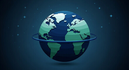 Fototapeta premium 3D globe balanced on reflective surface with dark cosmic background and digital network concept