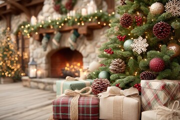 Naklejka premium Warm rustic scene, Charming cozy holiday setting, Intimate cabin ambiance with festive touches, Inviting stone hearth surrounded by seasonal decorative elements
