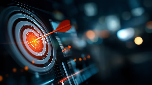 Glowing target bullseye overlaid with digital marketing data streams and precision analytics icons, targeted digital strategy concept, defocused background, with copy space