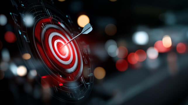 Glowing target bullseye overlaid with digital marketing data streams and precision analytics icons, targeted digital strategy concept, defocused background, with copy space