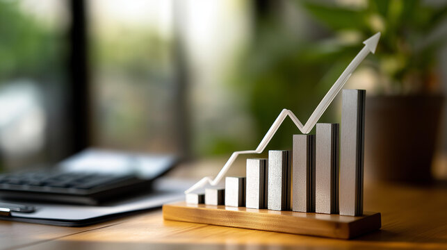 Financial growth chart showing rising bars and ascending arrows on a clean desk surface, defocused background, capital gains concept, investment planning, finance and tax