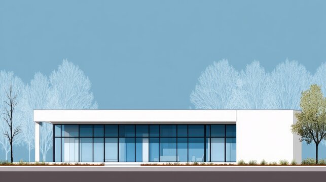 Minimalist commercial building facade features extensive glazing beneath a flat roofline against a muted sky backdrop