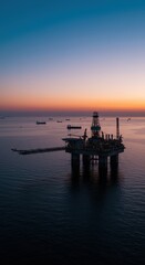 Obraz premium Offshore oil platform silhouette on ocean at sunset. Global energy production. Industrial drilling rig working on the sea.