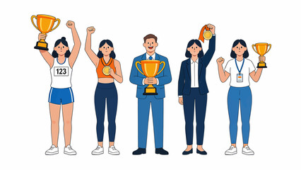 Obraz premium Successful team of athletes and business professionals celebrating victory and achievement with trophies and medals