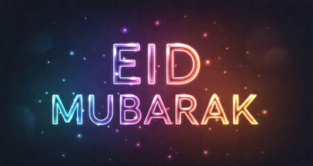 Eid Mubarak neon light typography on dark background with colorful sparkles