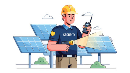 Solar Panel Security Guard: A vigilant security guard, with a steadfast presence and protective vigilance, stands before the solar panels. © hafs121