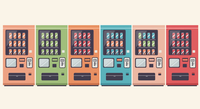 Colorful Vending Machines Lined Up, Offering Variety of Drinks