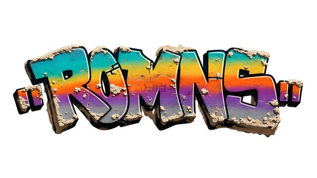 Colorful urban graffiti style text R O M S isolated on a transparent background