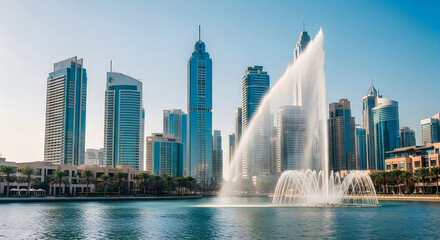 Fototapeta premium Dubai fountain show in front of modern skyscrapers