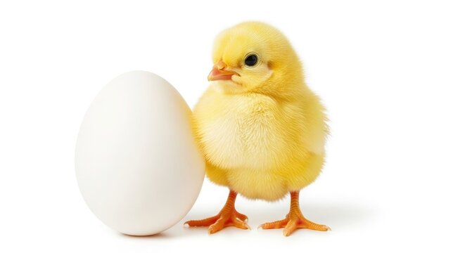 Easter sunday joy adorable yellow chick standing beside a large white easter egg on white background
