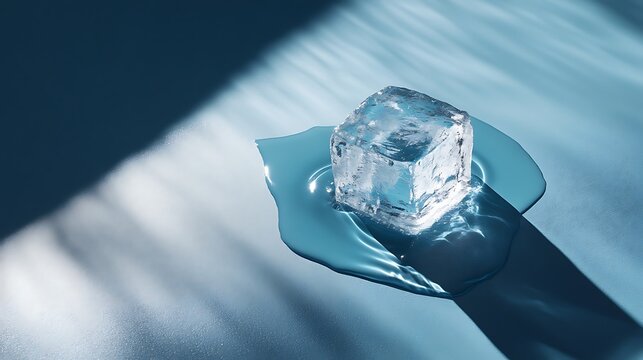 Melting ice cube on a wet surface with dramatic diagonal light casting long shadows creating a cool abstract and refreshing visual with a sense of transience and purity