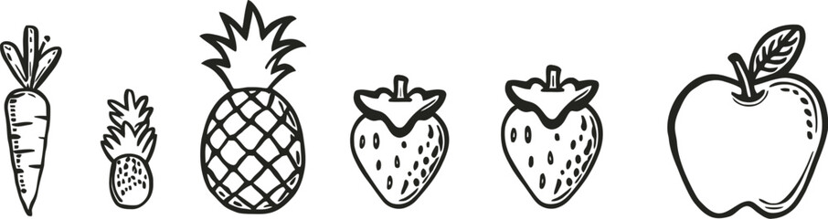 Obraz premium Row of outlined fruits and vegetables including carrot pineapple strawberries and apple black and white educational vector illustration