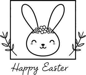Obraz premium Cute bunny face with floral crown inside square border happy easter text black and white festive holiday vector illustration design