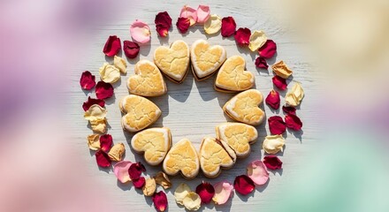 Obraz premium Heart shaped cookies and rose petals arranged in a circle on a wooden surface