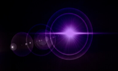 Vibrant purple lens flare effect with bright starburst and concentric light rings on a dark black background, ideal for digital overlays, abstract designs, and futuristic visual effects