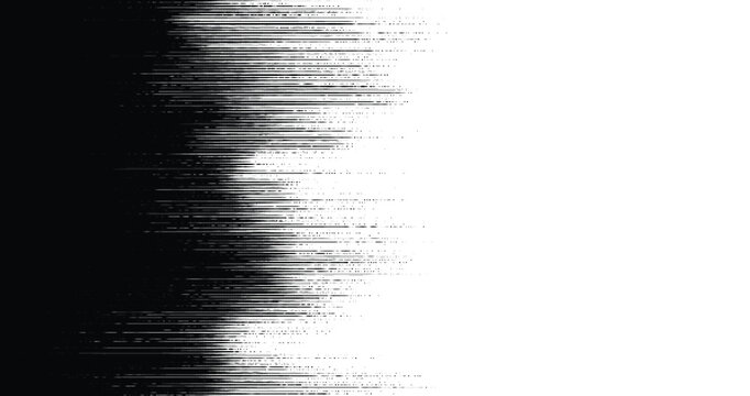 Abstract vector horizontal scanner lines blurring into white space with grainy gradient. High contrast monochrome motion noise pattern.