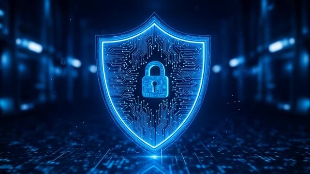 Cyber security shield with lock icon illustration in digital blue background