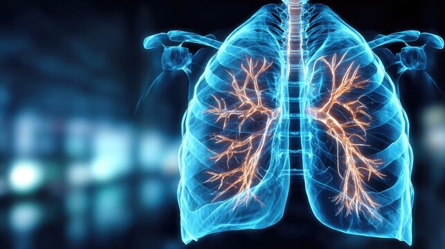 Illuminated respiratory system organs displayed within a translucent anatomical rendering