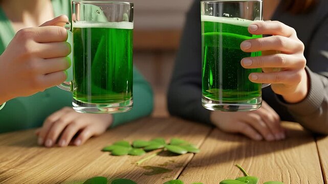Two women toasting with glasses of green beer on St. Patrick day. Friends celebrating with ale near clover leaves on wooden table. Festive party social event.