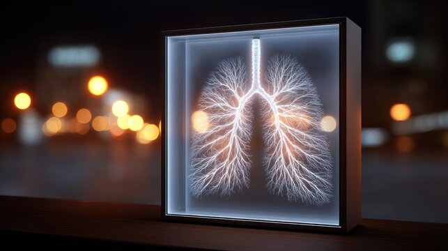 Illuminated internal respiratory structures glow inside a display case against a blurred night cityscape backdrop