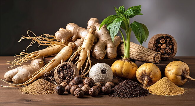 A blend of natural African and Asian aphrodisiac plants, fresh ginger, ginseng root, maca, kola nut, and tribulus terrestris, served on a rustic wooden table.