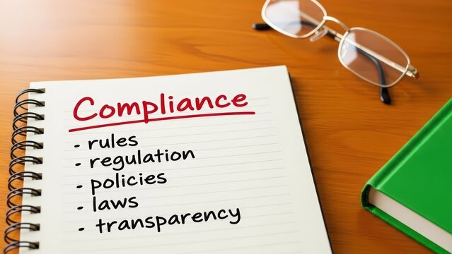 compliance concept  A notebook with a list of compliance rules and regulations on a wooden desk with glasses and a green book. compliance concept 