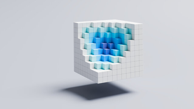 A &ldquo;cube of cubes&rdquo; with white outer and blue inner layers. Concept: Abstraction layers in computer science, layered structures in materials, high-dimensional data