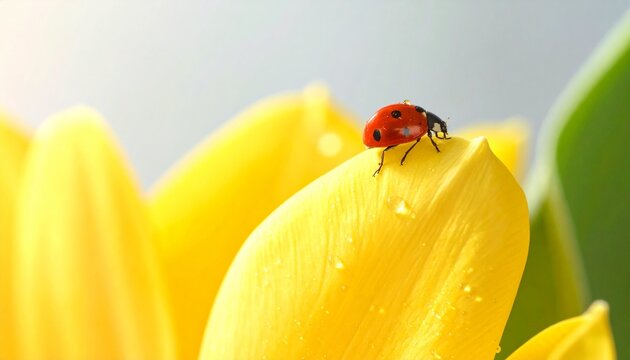Close-up macro of red ladybug on dew-covered yellow tulip petal in soft sunlight