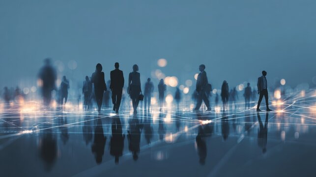 Business people walk through a digital futuristic city at night