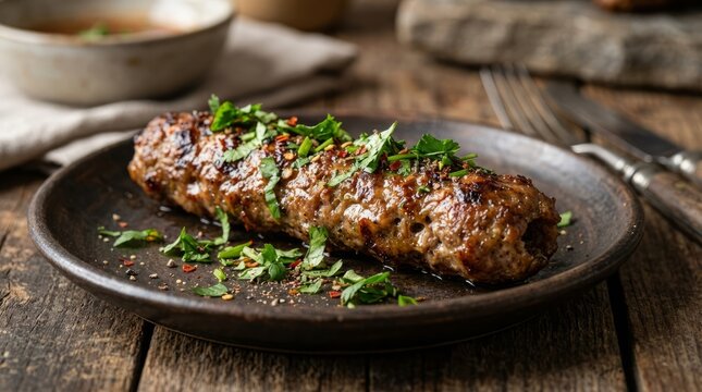 Savory grilled kebob garnished with fresh herbs and spices on a rustic plate