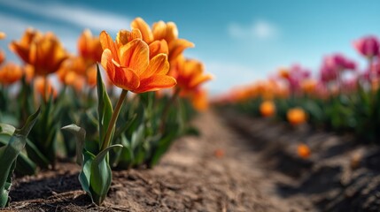 Obraz premium Swaying Orange Tulips in a Field Gently Moving with the Wind Under Blue Sky