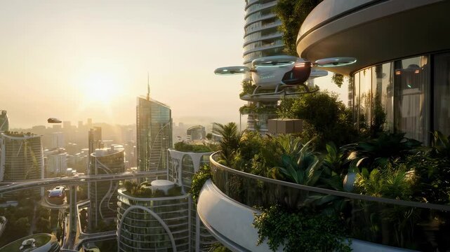 Futuristic city flying car eco architecture vertical garden smart building sunrise balcony greenery urban skyline elevated highway modern tower