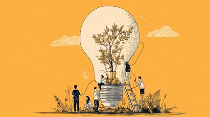 People cultivating a tree inside a light bulb on a bright day