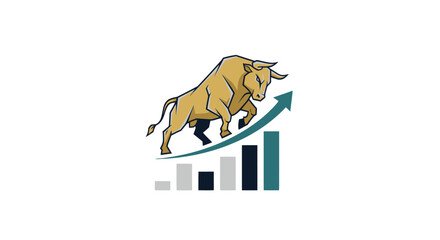 A golden bull stands atop a rising bar chart with an upward arrow, symbolizing a bullish market and financial growth. © 306
