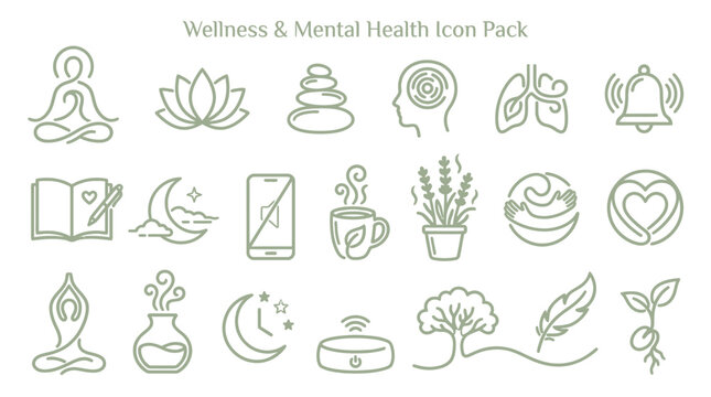 A comprehensive icon pack featuring various line art symbols representing wellness, mental health, and mindful living concepts.