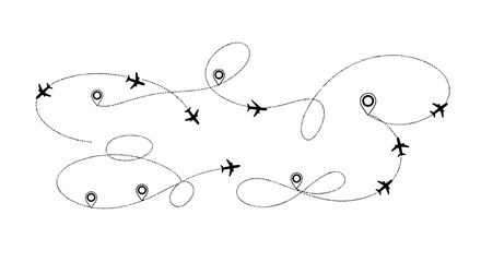 Multiple airplanes flying along complex, winding flight paths with destination markers, illustrating global air travel routes and aviation networks.