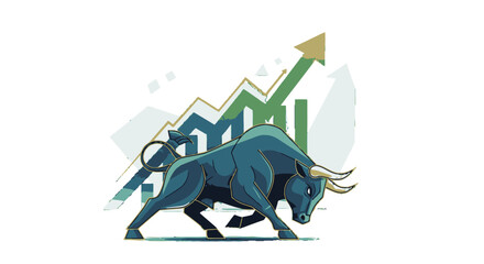 Obraz premium A powerful bull stands in front of an upward-trending stock market graph and bar charts, symbolizing financial growth and a bullish market trend.