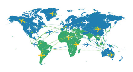 Obraz premium World Map with Airplanes and Dotted Travel Routes Illustrating Global Logistics on Isolated White Background