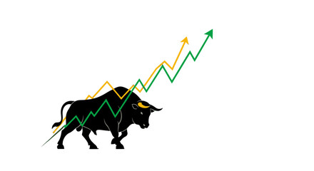 A powerful black bull stands in front of two upward-trending line graphs, symbolizing a strong bull market and financial growth. © 306