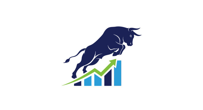 Dynamic bull leaping over a rising bar chart with an upward arrow, symbolizing financial growth and a bullish market trend.