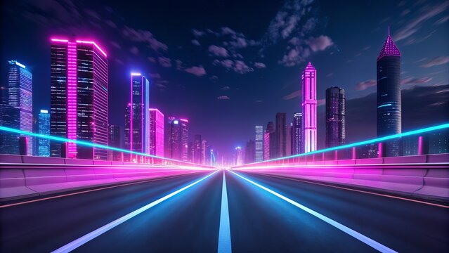 Futuristic cityscape at night with neon lights, highway leading to modern skyscrapers, vibrant purple and blue glow
