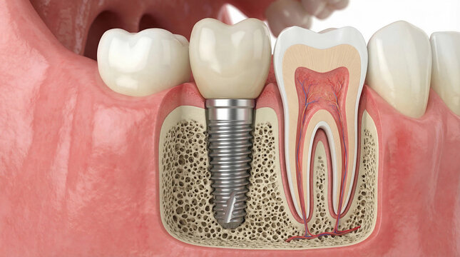 Cross-section of a dental implant and natural tooth in jawbone
