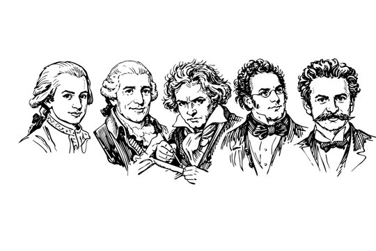 Handcrafted Portraits inspired Wolfgang Amadeus Mozart, Joseph Haydn, Ludwig van Beethoven, Franz Schubert, Johann Strauss Composers Classical Music Vienna,&nbsp;Vector |&nbsp;isolated on transparent background