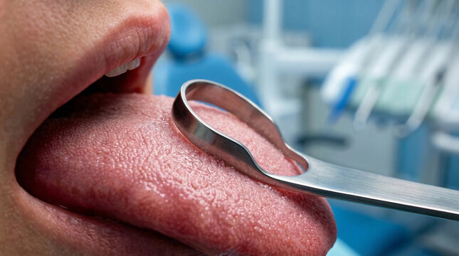 Close-up of metal tongue scraper cleaning a human tongue