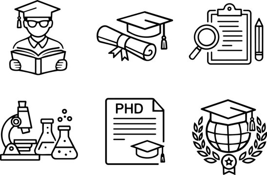 PhD academic research education line icons. Vector