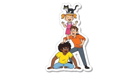 Fototapeta premium Family and cat forming a human pyramid on white background